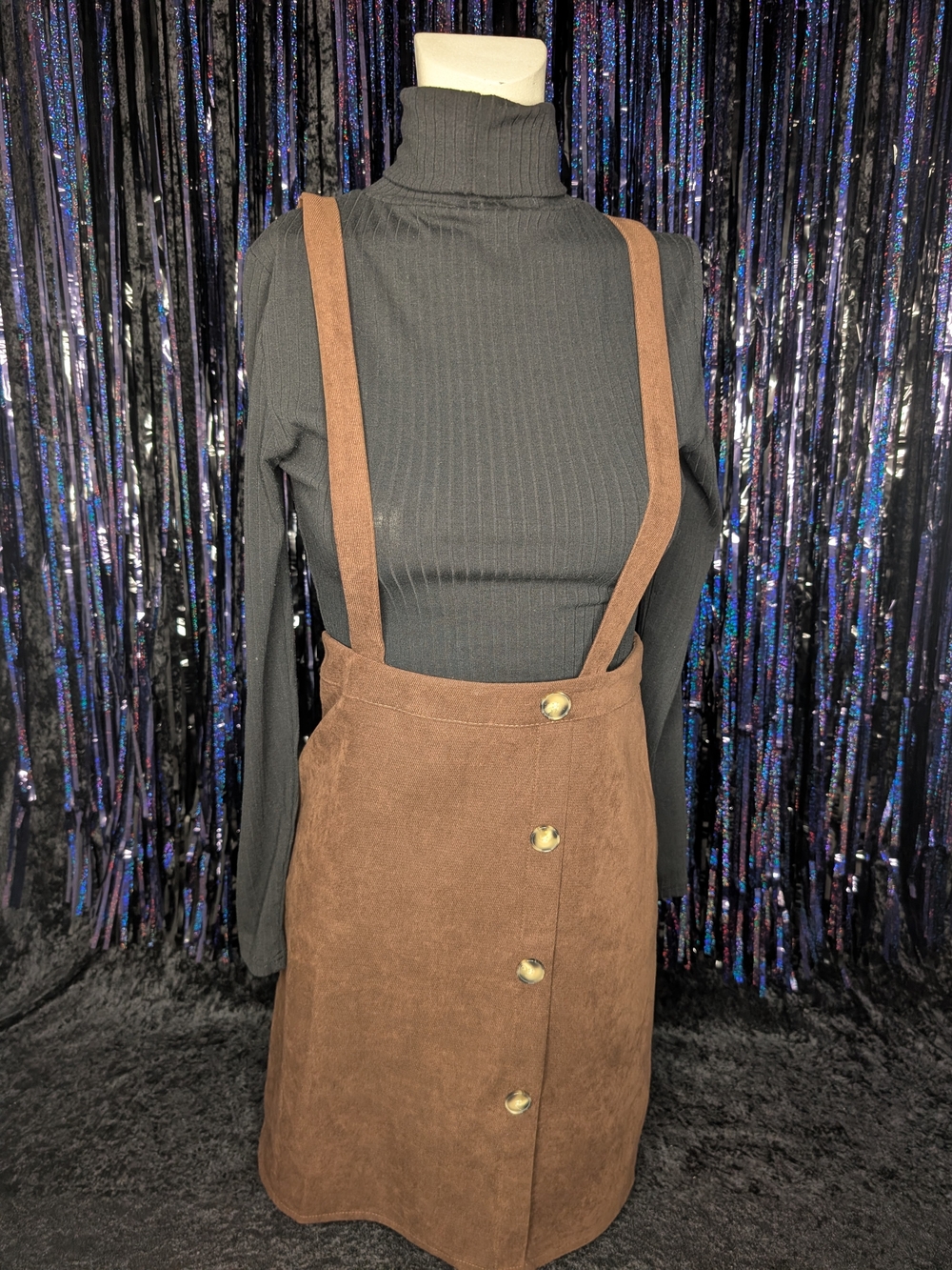 SHEIN Brown Button-Front Suspender Pencil Skirt